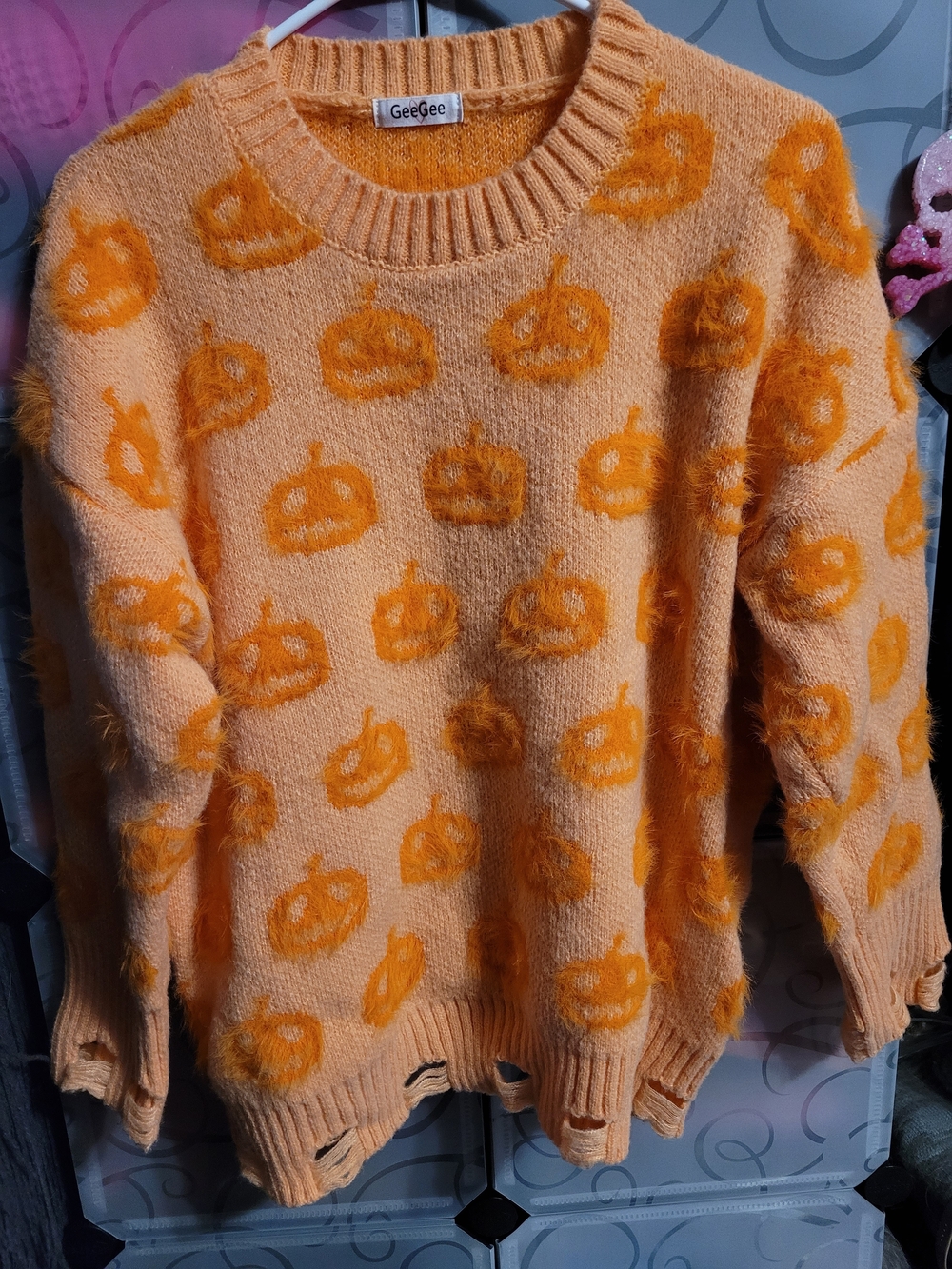 GeeGee Women's Orange Pumpkin Fuzzy Crewneck Sweater